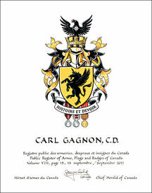 Lettres patentes concédant des emblèmes héraldiques à Carl Gagnon