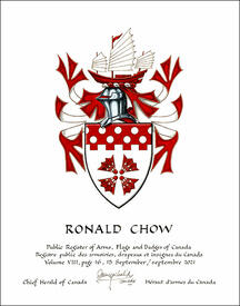 Letters patent granting heraldic emblems to Ronald Chi Hin Chow