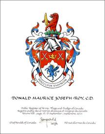 Letters patent granting heraldic emblems to Donald Maurice Joseph Roy