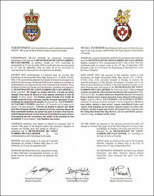 Letters patent granting heraldic emblems to the Municipalité de Saint-Gabriel-de-Valcartier