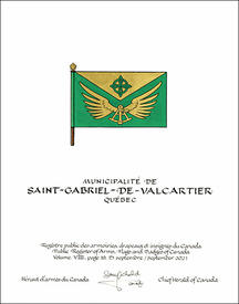 Letters patent granting heraldic emblems to the Municipalité de Saint-Gabriel-de-Valcartier