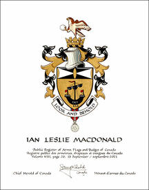 Letters patent granting heraldic emblems to Ian Leslie Macdonald