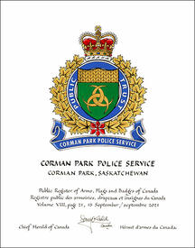 Lettres patentes concédant des emblèmes héraldiques au Corman Park Police Service