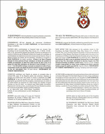 Letters patent granting heraldic emblems to Lise Papineau