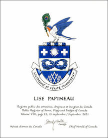 Lettres patentes concédant des emblèmes héraldiques à Lise Papineau Lettres patentes concédant des emblèmes héraldiques à Lise Papineau