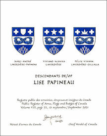 Lettres patentes concédant des emblèmes héraldiques à Lise Papineau