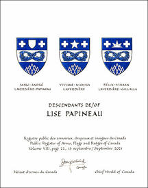 Lettres patentes concédant des emblèmes héraldiques à Lise Papineau Lettres patentes concédant des emblèmes héraldiques à Lise Papineau