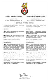 Lettres patentes enregistrant les emblèmes héralique de Charles Warren Irwin Lettres patentes enregistrant les emblèmes héralique de Charles Warren Irwin