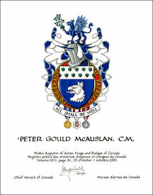 Letters patent granting heraldic emblems to Peter Gould McAuslan