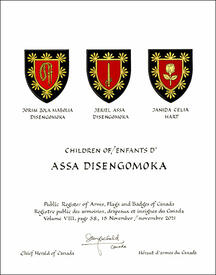 Letters patent granting heraldic emblems to Assa Disengomoka