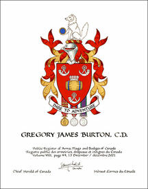 Letters patent granting heraldic emblems to Gregory James Burton
