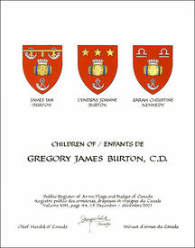 Letters patent granting heraldic emblems to Gregory James Burton
