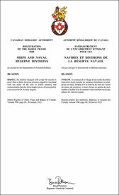 Lettres patentes enregistrant les emblèmes héraldiques des navires et divisions de la réserve navale des Forces armées canadiennes