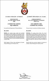Lettres patentes enregistrant l'encadrement d'insigne pour les escadrons des communications des Forces armées canadiennes