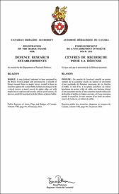 Lettres patentes enregistrant l'encadrement d'insigne pour les centres de recherches pour la défense des Forces armées canadiennes