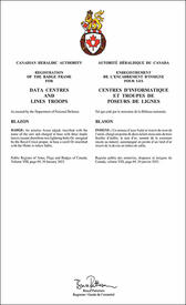 Lettres patentes enregistrant l'encadrement d'insigne pour les centres d’informatique et troupes de poseurs de lignes des Forces armées canadiennes