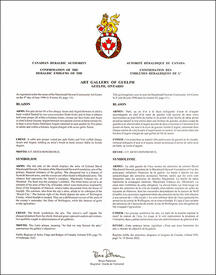 Letters patent confirming the heraldic emblems of the Art Gallery of Guelph