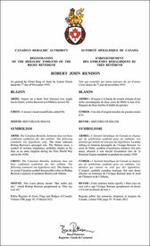 Lettres patentes enregistrant les emblèmes héraldiques de Robert John Renison
