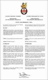 Lettres patentes enregistrant les emblèmes héraldiques de Cluny Macpherson