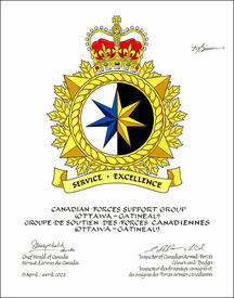 Letters patent approving the heraldic emblems of the Canadian Forces Support Group (Ottawa-Gatineau)