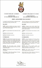 Letters patent registering the heraldic emblems of John Alexander McCaughan
