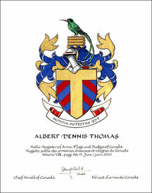 Lettres patentes concédant des emblèmes héraldiques à Albert Dennis Thomas Lettres patentes concédant des emblèmes héraldiques à Albert Dennis Thomas