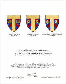 Lettres patentes concédant des emblèmes héraldiques à Albert Dennis Thomas Lettres patentes concédant des emblèmes héraldiques à Albert Dennis Thomas