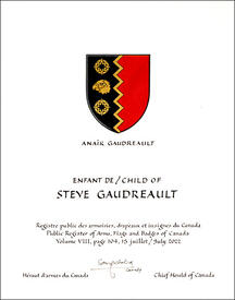 Lettres patentes concédant des emblèmes héraldiques à Steve Gaudreault Lettres patentes concédant des emblèmes héraldiques à Steve Gaudreault