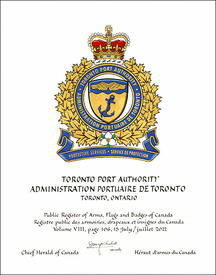 Letters patent granting heraldic emblems to the Toronto Port Authority