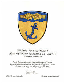 Letters patent granting heraldic emblems to the Toronto Port Authority