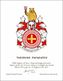 Letters patent granting heraldic emblems to Theodore Papadatos