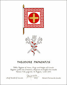 Letters patent granting heraldic emblems to Theodore Papadatos