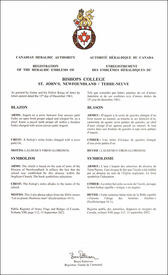 Letters patent registering the heraldic emblems of Bishops College