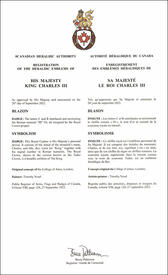Lettres patentes enregistrant les emblèmes héraldiques de Charles III, Roi du Canada