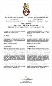 Lettres patentes enregistrant les emblèmes héraldiques de la Neill House, University of New Brunswick