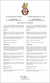 Lettres patentes enregistrant les emblèmes héraldiques de John Michael Allen-Petrie Lettres patentes enregistrant les emblèmes héraldiques de John Michael Allen-Petrie