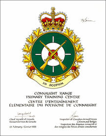 Letters patent approving the heraldic emblems of the Connaught Range Primary Training Centre