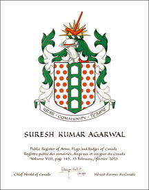 Lettres patentes concédant des emblèmes héraldiques à Suresh Kumar Agarwal