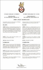 Lettres patentes enregistrant les emblèmes héraldiques de John Angus McDougald