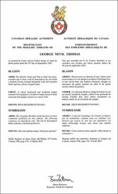 Lettres patentes enregistrant les emblèmes héraldiques de George Nevil Thomas