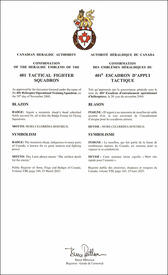 Letters patent confirming the heraldic emblems of the 401 Tactical Fighter Squadron