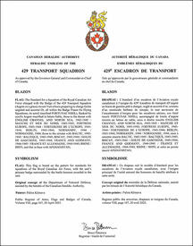 Letters patent approving the heraldic emblems of the 429 Transport Squadron