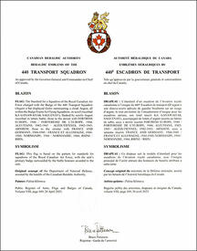 Lettres patentes approuvant les emblèmes héraldiques du 440e Escadron de transport