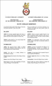 Lettres patentes enregistrant les emblèmes héraldiques d'Elvin Gerald Robinson
