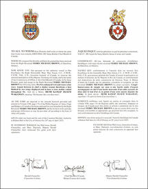 Letters patent granting heraldic emblems to Terry Michael Brown