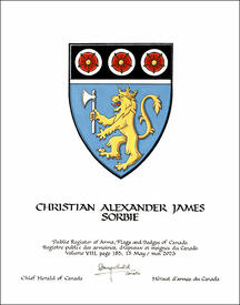 Lettres patentes concédant des emblèmes héraldiques à Christian Alexander James Sorbie