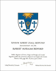 Letters patent granting heraldic emblems to Robert Norman Bedford