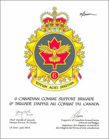 Lettres patentes approuvant l’insigne du 6e Brigade d’appui au combat du Canada Lettres patentes approuvant l’insigne du 6e Brigade d’appui au combat du Canada