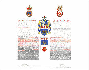 Letters patent granting heraldic emblems to Cameron Xavier Pinto