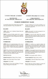 Lettres patentes enregistrant les emblèmes héraldiques de Charles Robertson Maier Lettres patentes enregistrant les emblèmes héraldiques de Charles Robertson Maier